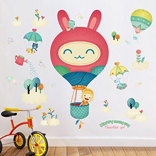 HCCY Cartoon Children's Room rabbit hot air balloon decorations wall paper welcoming bedrooms kindergarten wall paper self-adhesive color picture 80*105cm, Animation