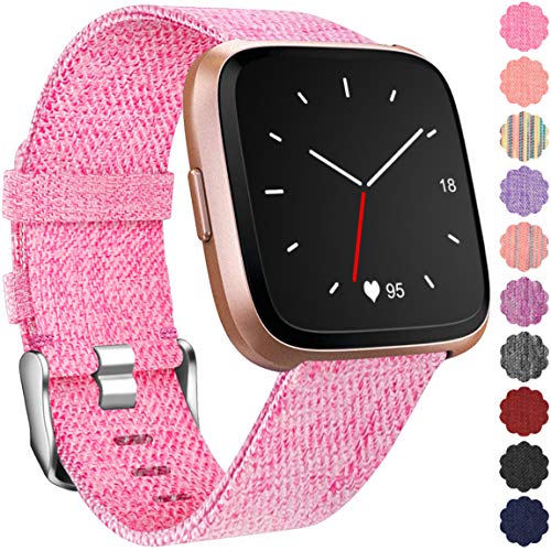 Maledan Replacement for Fitbit Versa Bands, Canvas Strap with Stainless Steel Clasp Accessories Wristbands for Versa, Women Men, Small, Pink