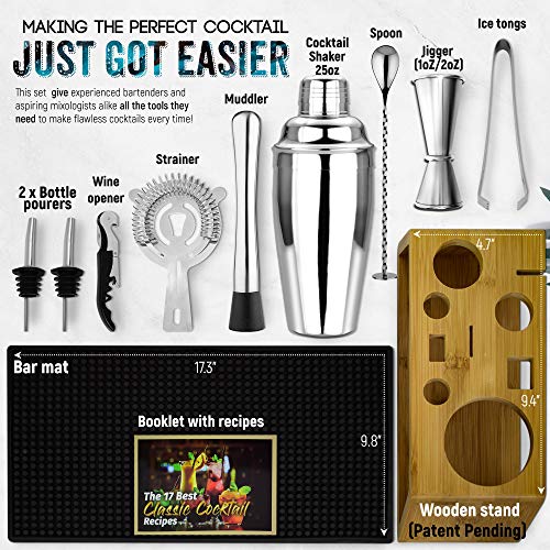 Cocktail-Shaker Set mit Bar-Matte | Barkeeper-Mix-Werkzeug-Set mit elegantem Holzständer | Premium Bar-Set | Beste… – Bild 4