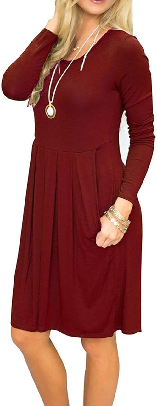 AUSELILY Women's Long Sleeve Pleated Loose Swing Casual Dress with Pockets Knee Length at  Women’s Clothing store