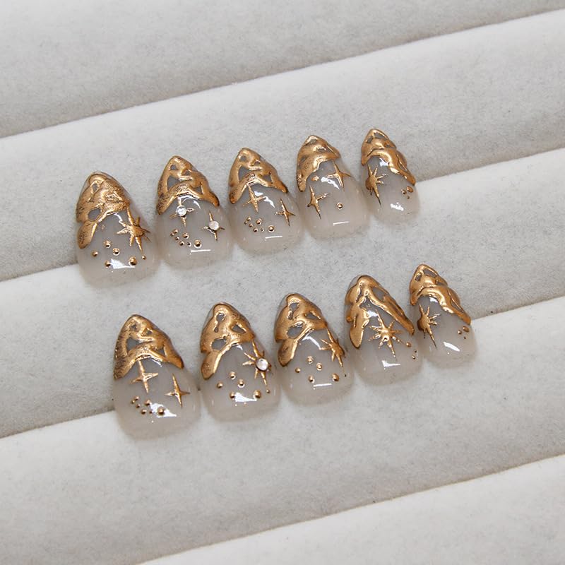 Gold Press on Nails Short Almond Fake Nails 3D Gold Irregularity Chrome Design Glue on Nails French Tip Acrylic False Nails Full Cover Star Stick on Nails for Women Manicure Art 24Pcs - Image 5