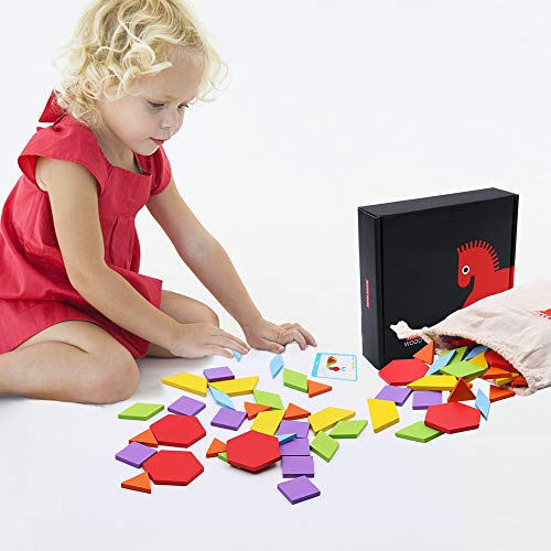 image for WOOD CITY Wooden Pattern Blocks Set 130 Pcs, Geometric Shapes Tangram 