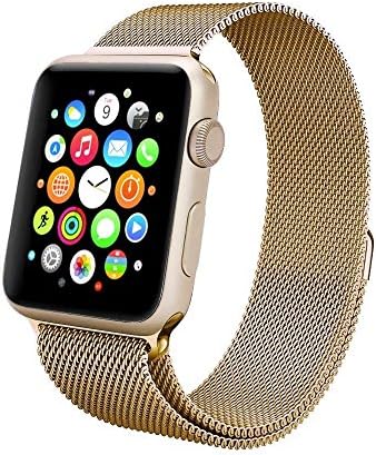Apple Watch Band, with Unique Magnet Lock, Piqiu Fully Magnetic Closure Clasp Mesh Loop Milanese Stainless Steel Bracelet Strap for Apple Watch Sport &amp; Edition 38mm All Models No Buckle Needed -- Gold