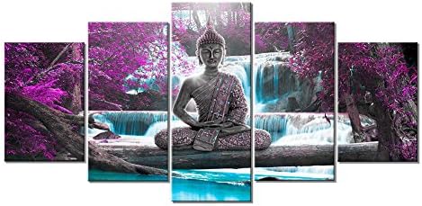 Canvas Wall Art,5 Panels Framed Prints Decor,Red Tree White Waterfall Gray Buddha Landscape Picture Print on Canvas,Artwork Ready to Hang for Living Room Bedroom 8x12inchx2p 8x16inchx2p 8x20inchx1p