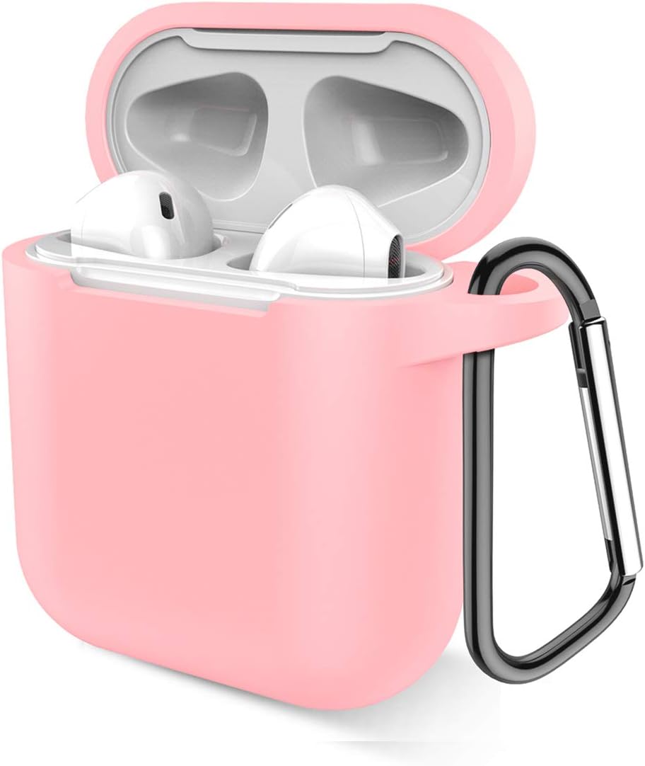 Airpods Case, Music tracker Protective Thicken Airpods Cover Soft Silicone Chargeable Headphone Case with Anti-Lost Carabiner for Apple Airpods 1&2 Charging Case (Pink)