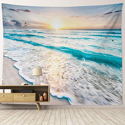 HIYOO Home Nature Art Wall Hanging Fabric Tapestry, Tropical Ocean Sea Coast Sand Beach Waves Theme Design, Decor for Party, Dorm Room, Bedroom,Living Room 90" W x 60" H - Sunrise