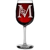 Personalized Floral Monogram Wine Glass with Engraved Initial 16 oz Stemmed Glass for Women Custom Gift for Her Birthday & Special Occasions (M)
