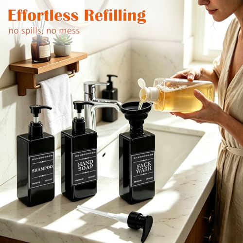 Prebarfun 5Pack Shampoo and Conditioner Dispenser, 500ml Wall Mounted Soap Dispenser, Refillable Shower Bottles, Plastic Pump Bottle with Funnel, Waterproof Labels, for Bathroom, Kitchen,Hotel (Black)