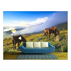 Horses in Mountain Valley Beautiful Natural Landscaoe - Removable Wall Mural | Self-Adhesive Large Wallpaper - 66x96 inches