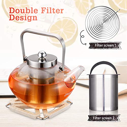 SULIVES Glass Teapot with Stainless Steel Infuser & Lid, Borosilicate Glass Flower Tea Kettle Stovetop Safe, Blooming & Loose Leaf Teapots, 34 oz / 1000 ml