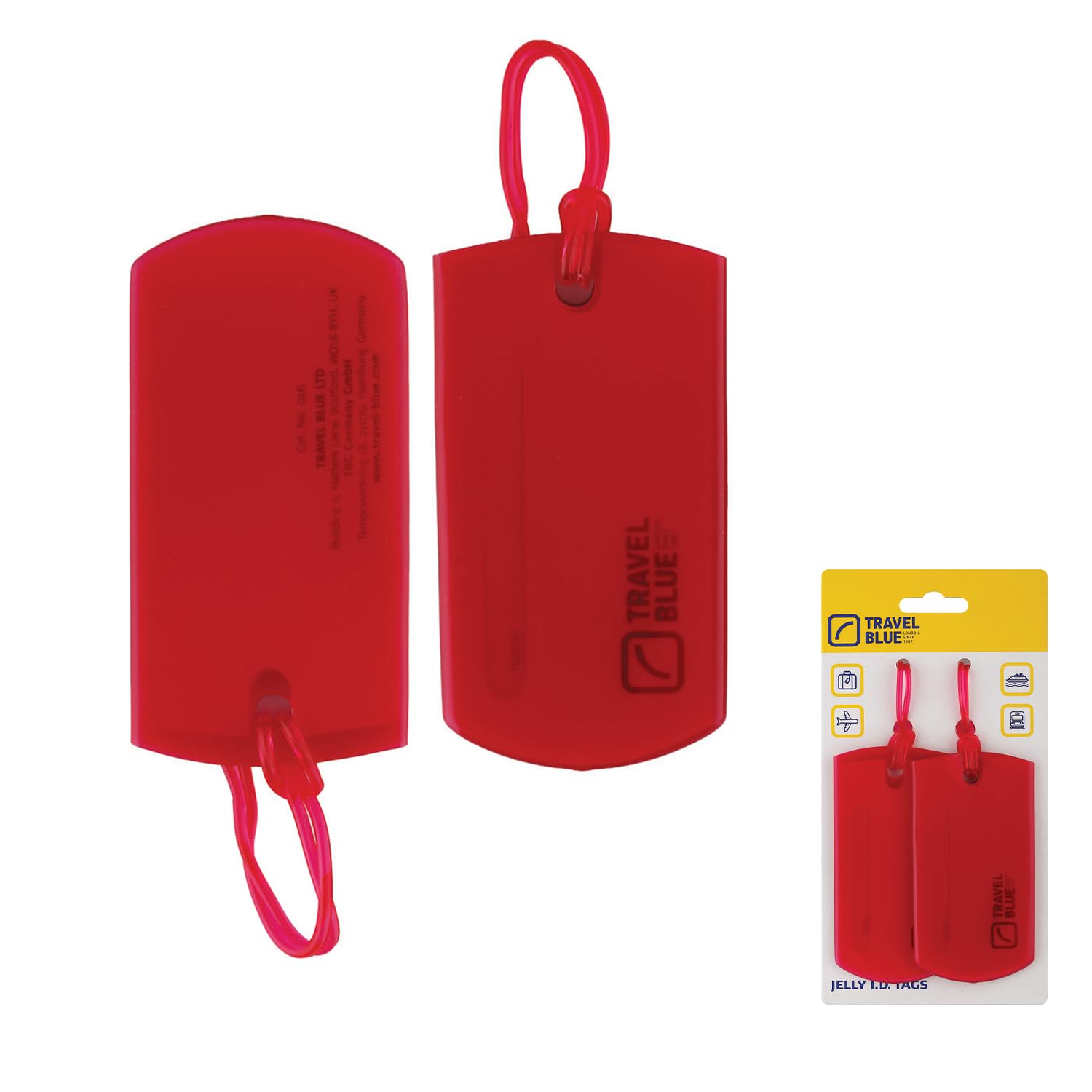 Travel Blue Jelly Luggage Tags - Pack of 2 - Brightly Colored Travel Accessories for Easy Suitcase Identification, Concealed Personal Details, Easy Tie Attach, Ideal for Travelers (Red)