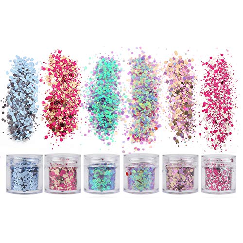 18 Boxes Holographic Cosmetic Festival Chunky Glitters Sequins, Nail Sequins Iridescent Flakes, Cosmetic Paillette Ultra-thin Tips, for Body Face Hair Make Up Nail Art Mixed Color Glitter