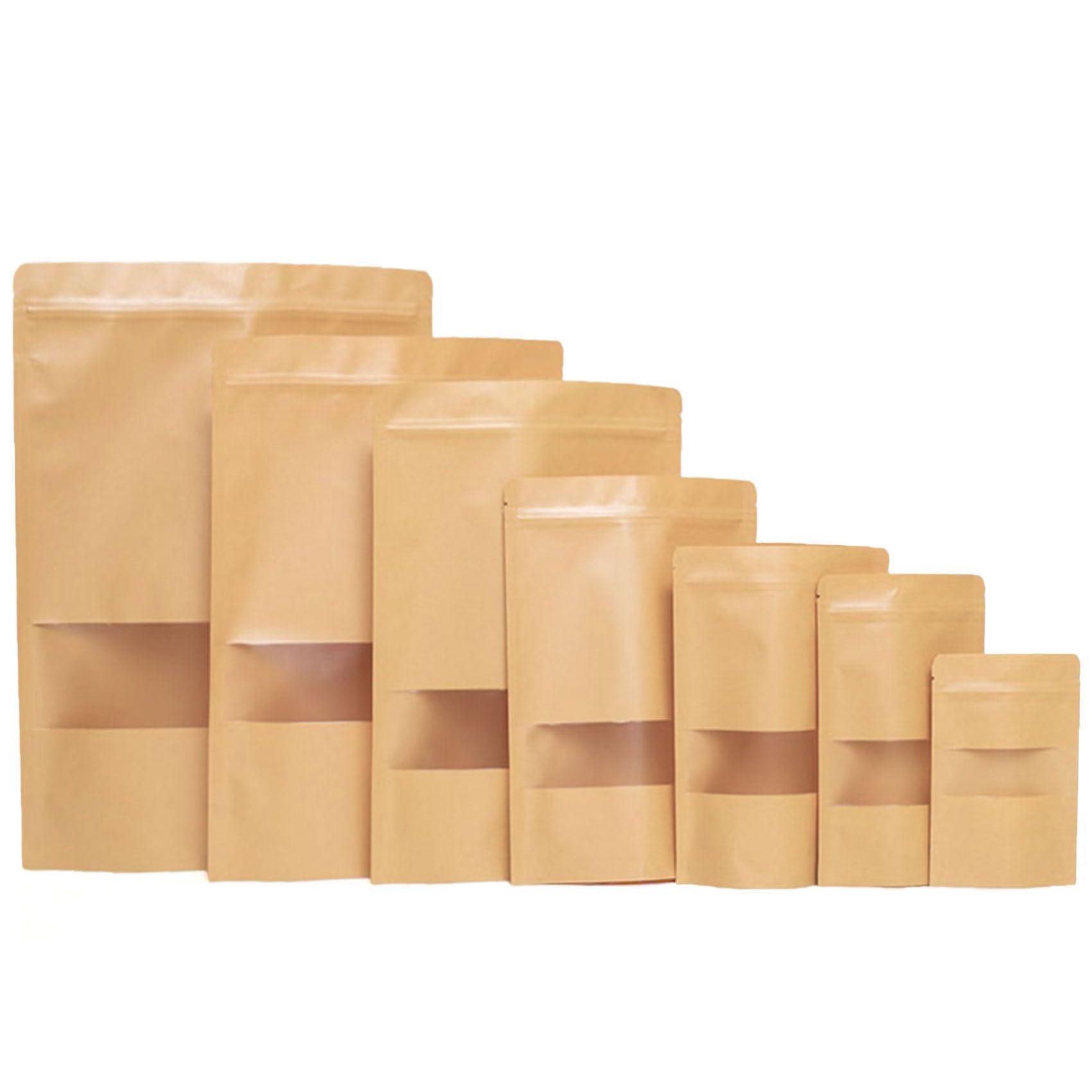 Photo 1 of 100pcs Kraft Bags with Window Resealable Stand Up Ziplock Pouches Bulk Food Storage Bag for Small Business 6.2x8.6"
