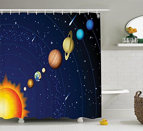 Mirryderr Space Shower Curtain, Solar System with Sun Uranus Venus Jupiter Mars Pluto Saturn Neptune Image, Fabric Bathroom Decor Set with Hooks, Dark Blue Orange