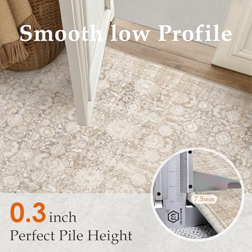 PureCozy 8x10 Beige Washable Neutral Area Rugs Living Room décor Floral Distressed Large Throw Rug Non Slip Stain Resistant Rugs Low Pile Soft Carpet Dining Room Bedroom Office Farmhouse Playroom