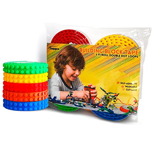 Building Block Tape, Compatible with DUPLO & Lego Bricks, KRE-O, Mega Bloks, Self Adhesive Block Tape Rolls for Kids: Cut, Peel, Stick - Fun pack of 5 Rolls (5 Rolls)