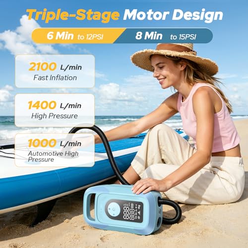 150PSI Electric Paddle Board Pump, 16000mAh Cordless Rechargeable SUP Pump with LED Light, Intelligent Triple Stage Inflation & Deflation, Auto-Off for Stand Up Paddle Boards, Surfing Kite, Tent, Boat