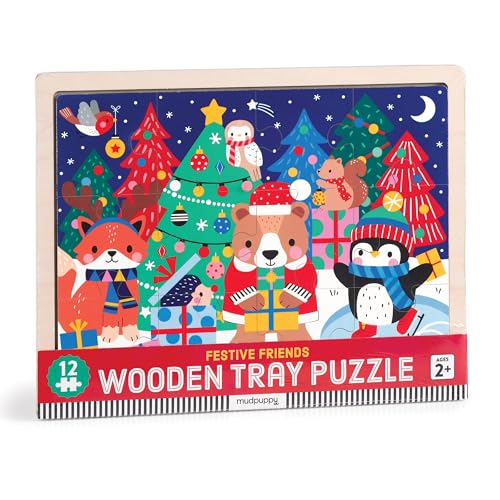 Mudpuppy Festive Friends – 12 Piece Wooden Tray Puzzle Featuring A Colorful Christmas Scene with Adorable Characters