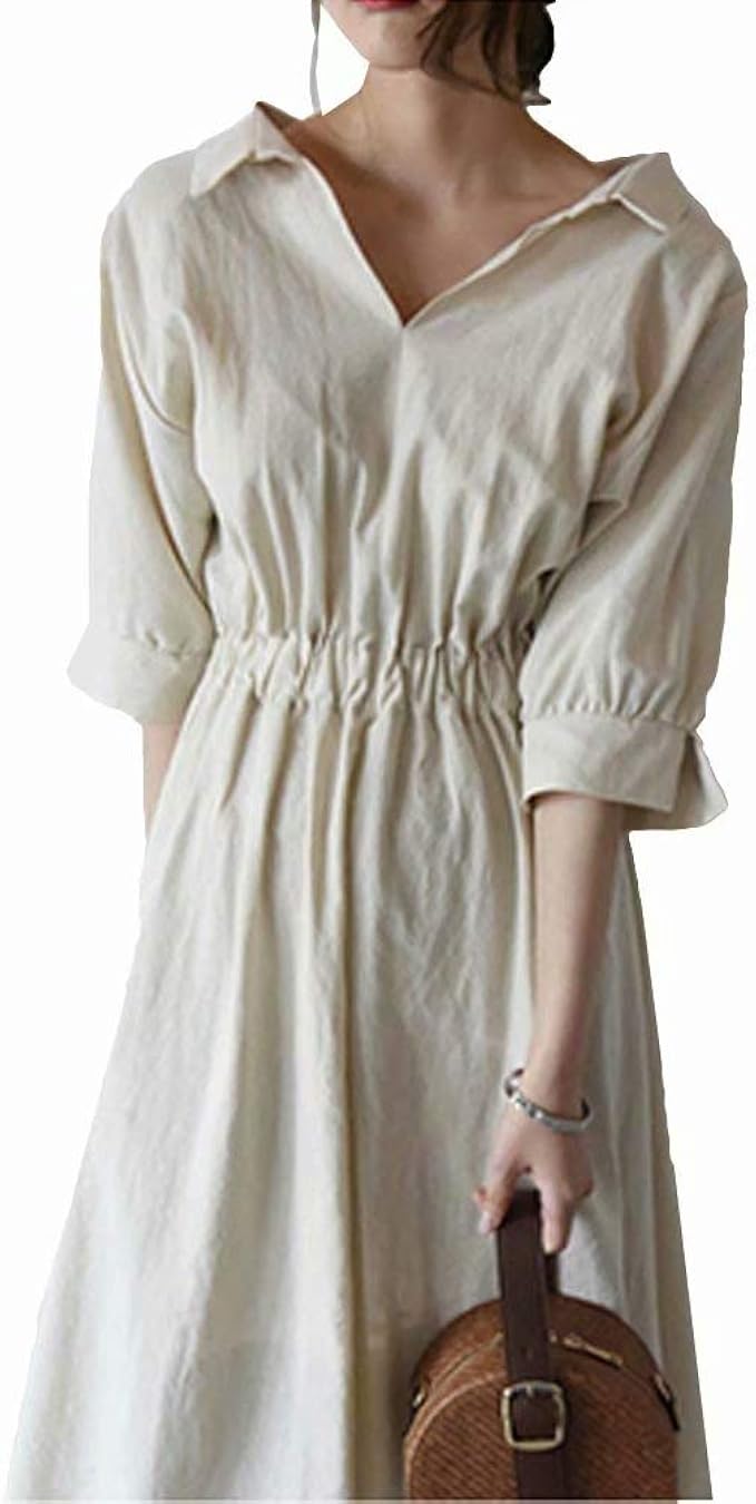 Amazon Kumi レディース シャツワンピース ラペル 半袖ドレス ロングドレス Olスタイル ハイウエスト オフィス ワンピース チュニック 通販