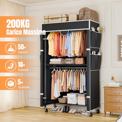 Himimi Coat Rack with Cover, Clothes Rack on Wheels, Heavy Load, Stable with Height Adjustable Shelf, Metal Open Wardrobe for Bedroom, 90 x 45 x 205 cm
