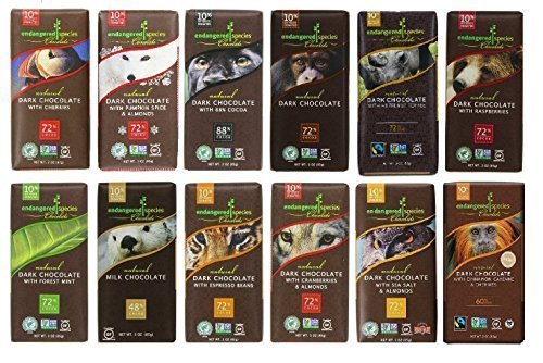 Endangered Species Chocolate Variety Pack 12 Flavors (Pack of 12) (Dark Chocolate with Cinnamon Cayenne, Dark Chocolate with Sea Salt & Almonds, Dark Chocolate with Cherry, Tiger Dark Espresso Beans, Rain Forest Dark Mint, Extreme Dark Chocolate , Wo