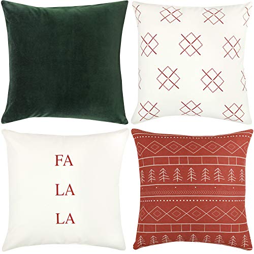 Woven Nook Decorative Throw Pillow Covers ONLY for Couch, Sofa, or Bed Set of 4 18 x 18 inch Modern Quality Design 100% Cotton Green Red Christmas Noel