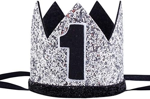 Celebris Glitter Baby Boy First Birthday Crown Hat & Headband for Little Prince Princess Cake Smash Photo Prop (Silver & Black 1")