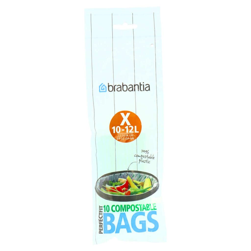 Brabantia Compostable Bin Liners for Food Waste & Organic Composting (Size X/10-12 Litre) Biodegradable Small Bin Bags (Pack of 10 Bags)