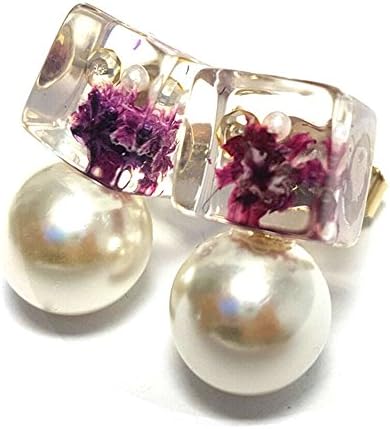 Artnouveau Elle Real Flower Inside Transparent Acrylic Faux 10mm Pearl Stud Earrings Handcrafted Fashion Jewelry (Purple)