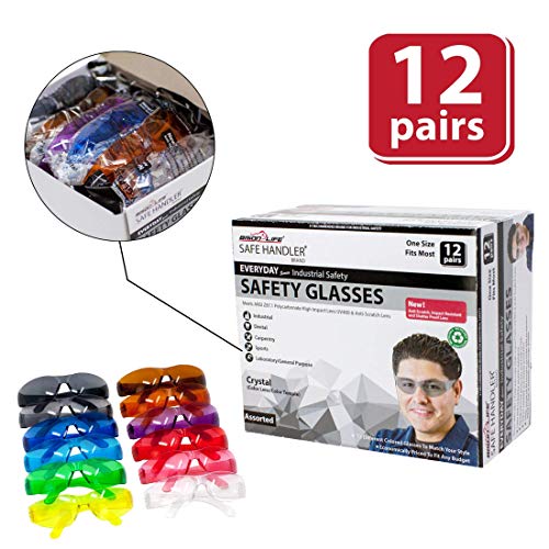 SAFE HANDLER Full Color Safety Glasses | One Size, Adult, Teens, Youth, Protective Polycarbonate Lens, 12 Full Color Variety Pack, 12 per Box (1 box/12 Pairs)