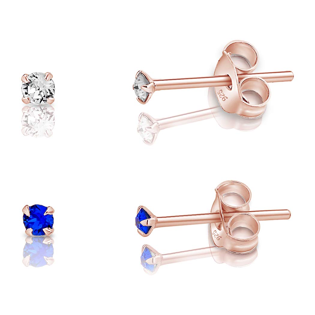 Small Solitaire Stud Earrings Set of 2 Pairs 925 Sterling Silver Rose Gold Plated 18K - Tiny Gold Studs 2 mm - Minimalist Sparkle Stud Earrings with Blue and Clear Crystals