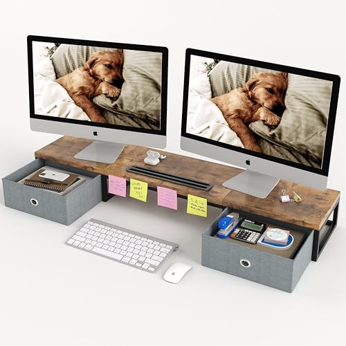 Dual Monitor Stand Riser 2 Drawers