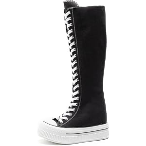 Women's Canvas Knee High Platform Boots Lace Up Side Zipper Sneaker Boots Comfortable Chunky Platform High Top Sneakers Casua