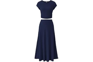 BTFBM Summer Outfits For Women 2026 Two Piece Sets Casual Crew Neck Short Sleeve Cropped Spring Tops Midi Skirt Lounge Set