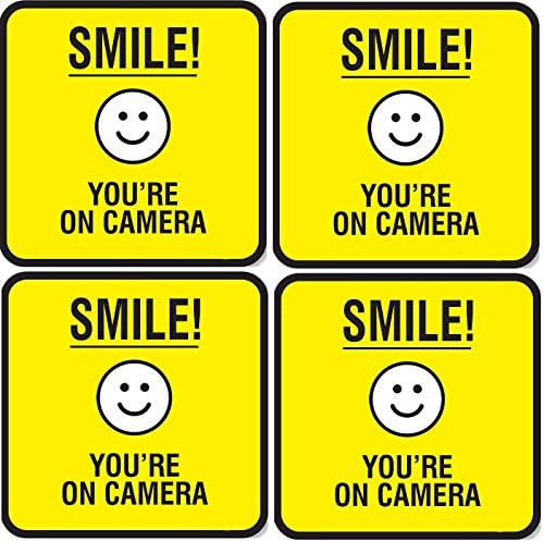(Set of 4) Smile You're On Camera Signs - 5" x 5" Self Adhesive Vinyl Decal - Indoor & Outdoor Use - UV & Weather Proof - Reflective