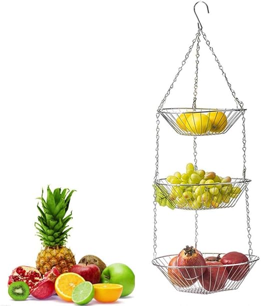 Cesta de frutas colgante de 3 niveles cromada, soporte de cuenco de