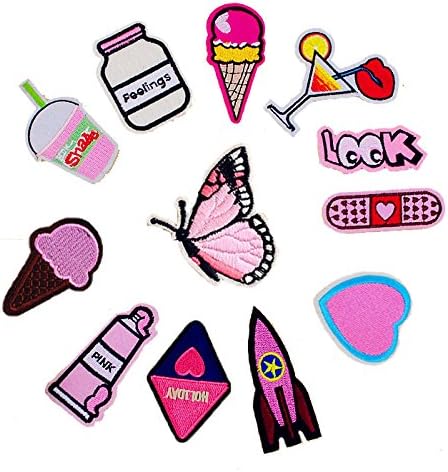 12pcs/lot Cloth Patches Garment Applique DIY Decoration Accessories Iron On Embroidered Patch Set-Cola Milk Ice Cream Cocktail Look Pink Rocket Band-Aid Love heart Butterfly elements patch
