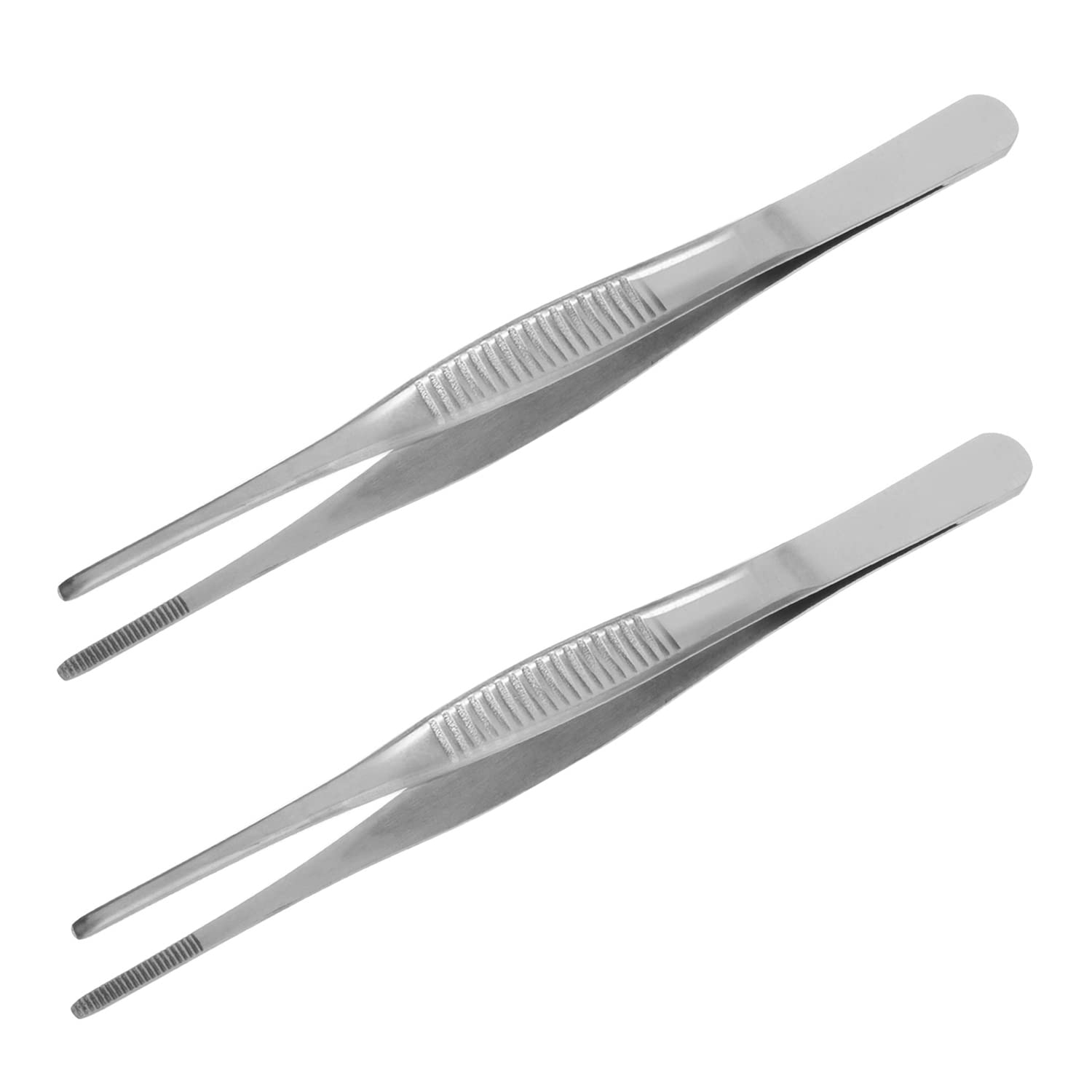 Utoolmart 160mm Stainless Steel Straight Round Head Thickened Tweezers with Teeth with Serrated Tip 2pcs