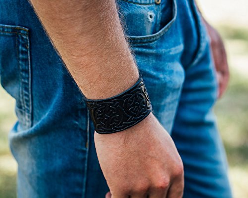 Real Leather Viking Tress Bracelet 6.3”- 7” Wrist Adjustable Black Cuff Wrap Punk Wristband Stylish Accessory Gift Box - Thumbnail 4