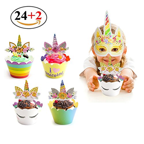Unicorn Cupcake Decorations, 24 Unicorn Cupcake Toppers & Wrappers and 2 Unicorn Paper Masks - Party Supplies Cake Decoration Kit for Kids Birthday, Baby Shower and Wedding - Thumbnail 7