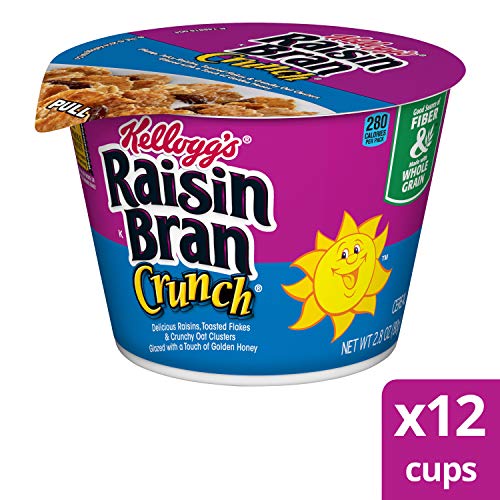 Kellogg's Raisin Bran Crunch Cereal in a Cup - High Fiber Breakfast, Non-Perishable Cereal Cups (Pack of 12, 2.8 oz Cups)