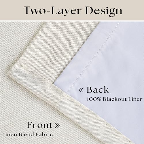 TWODRAPES 102 Inches Long Pinch Pleated Linen Blackout Curtains for Bedroom | Memory Trained Shape, 100% Blackout Light Blocking Curtains, for Living Dining Room, Natural Cream Farmhouse, with Back Tab
