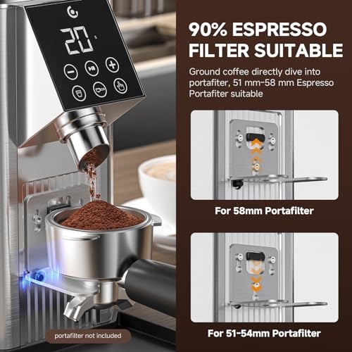 AMZCHEF Burr Coffee Grinder - 45 Precise Grind Settings for Espresso/Cold Brew, Adjustable Portafilter Holder & LED Touch Display, Anti-Static, Home Use