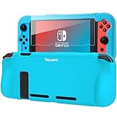 Teyomi Protective Silicone Case for Nintendo Switch, Grip Cover with Tempered Glass Screen Protector, 2 Storage Slots for Game Cards, Shock-Absorption & Anti-Scratch (Blue)