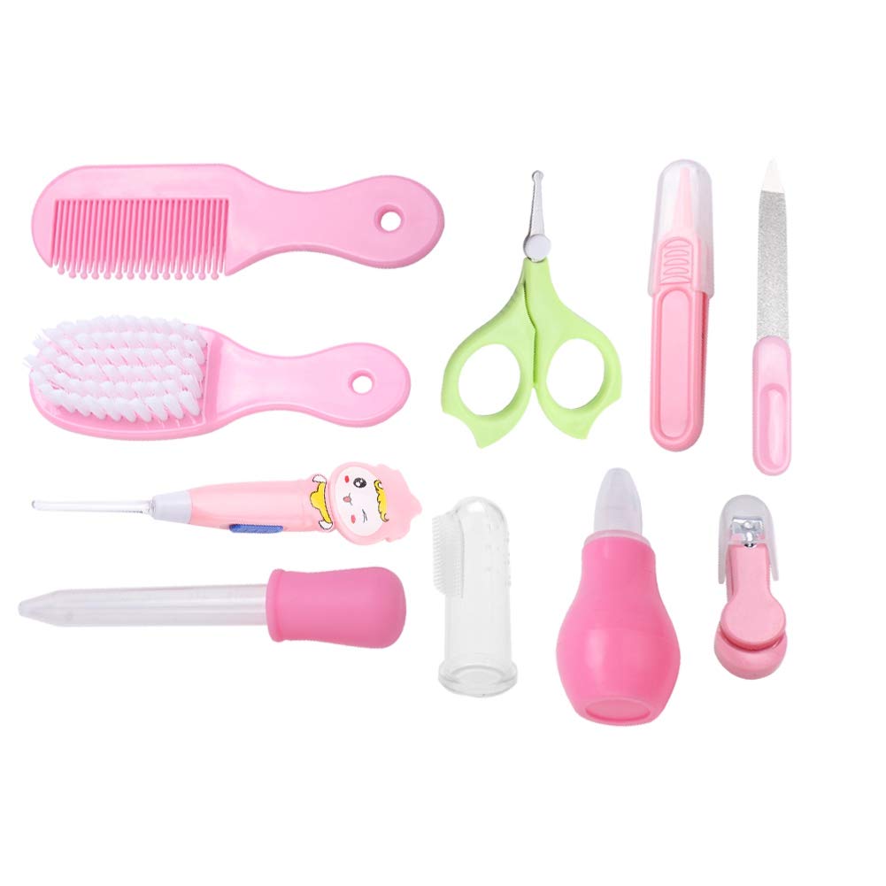 Garosa Baby Nail Clipper Grooming Kit Newborn Baby Care Set Essential Nail Scissors Hair Brush Comb Manicure Tools 10Pcs Daily Healthcare Routine (Pink)