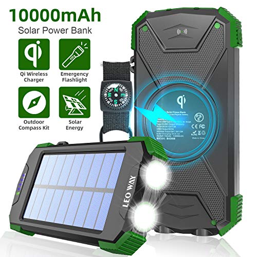 Solar Power Bank 10000mAh Qi Wireless charger High Capacity Waterproof Portable charger USB External Battery Pack Backup Battery with Type-C Input & Dual Flashlights for iPhone, iPad & Samsung Galaxy & More