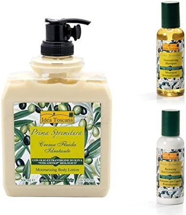 Prima Spremitura Organic Extra Virgin Olive Oil Body Lotion Moisturizer (500ml Lotion + 1.75 oz Shampoo + 1.75 oz Hair Cond)