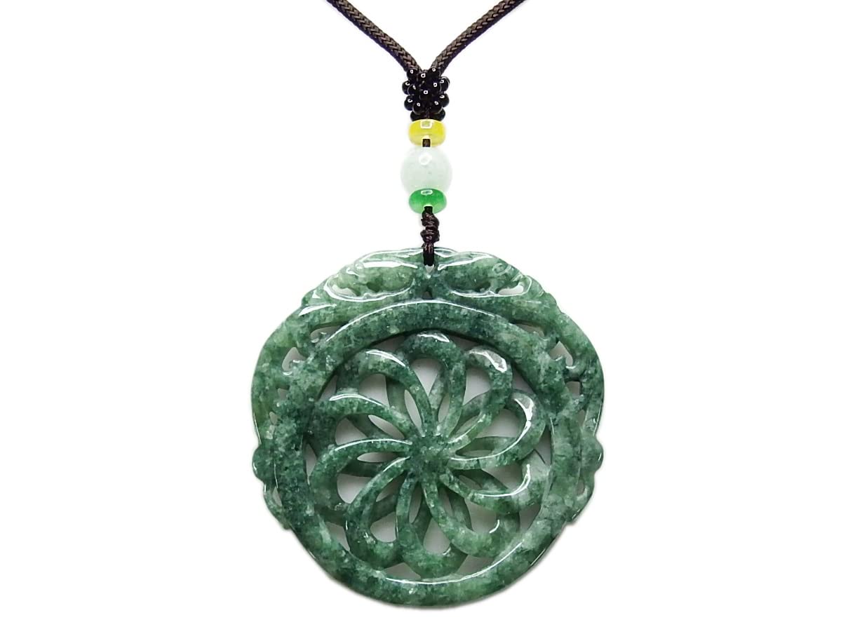良品ミクサー 石街 濃い緑ひすいジェダイト本翡翠デか螺旋菊花紋ヒキュウ彫刻天然石紐ネックレスの商品画像