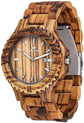 (Wooden Gift Box Packaging) Aliwood Handmade Zebra Sandlewood Wooden Wristwatch, Quartz Analog Wooden Watch with Date Calendar Function, Perfect Gift Choice with Wooden Gift Box Packaging