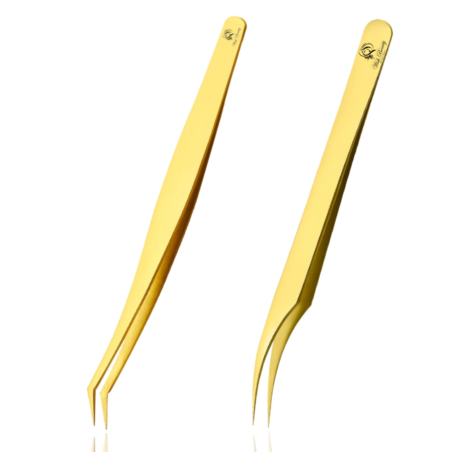 Wishbeauty Lash Tweezers for Eyelash Extensions, Professional Tweezers, Stainless Steel Lash Extension kit, Volume Precision Eyelash Tweezer, 2 Pcs, Gold-Plated
